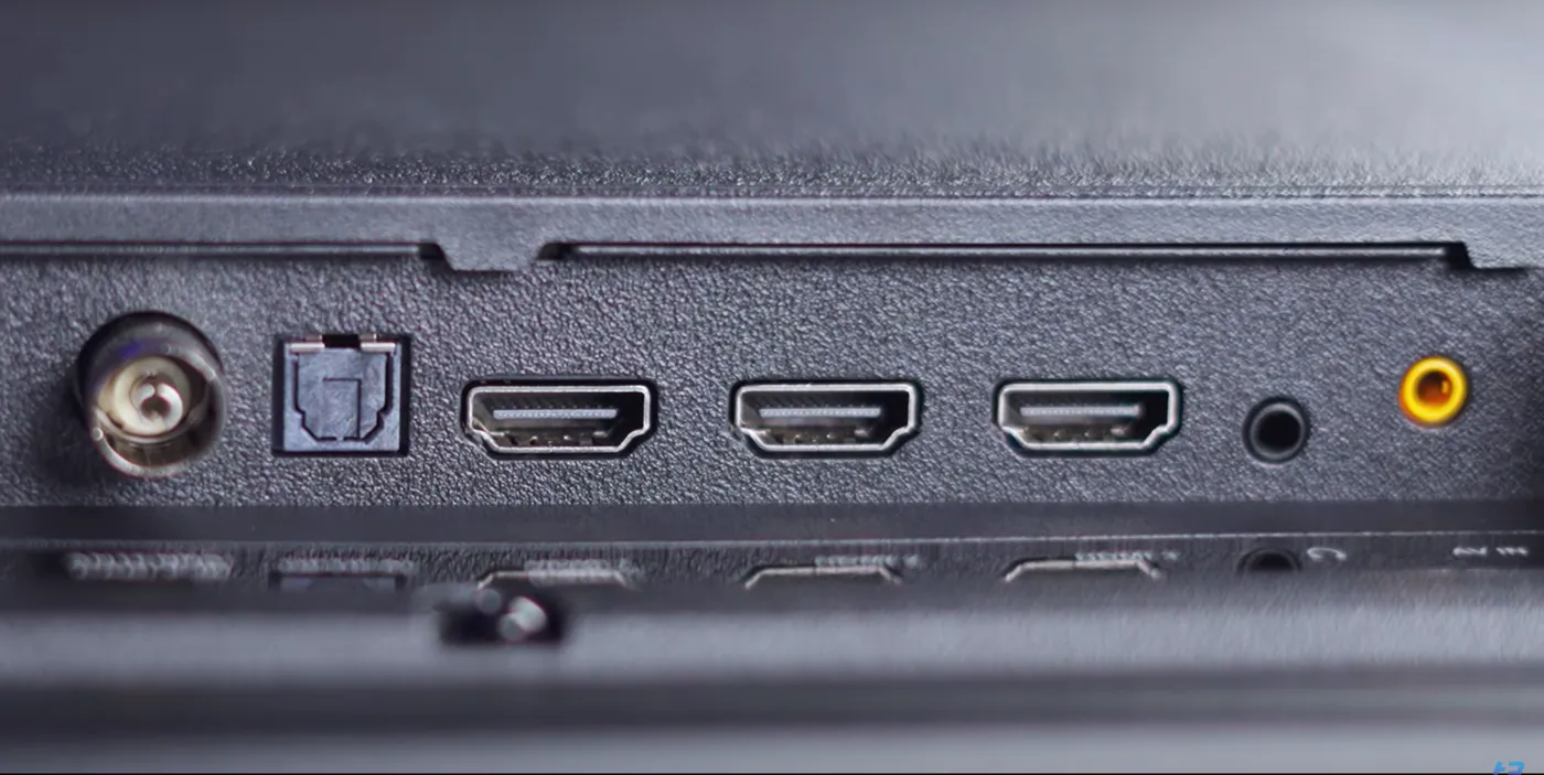A close-up of the connectivity options on the Acer V Pro 55-inch QLED TV, showcasing HDMI ports, USB